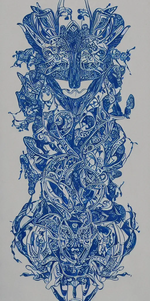 Image similar to blue paper + an intricate gemini depiction + symmetry + elaborate ink illustration