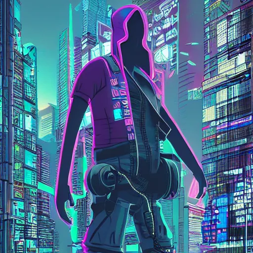 Prompt: cyberpunk hacker in front of bangkok by josan gonzalez