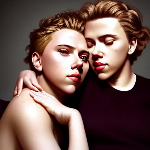 Image similar to intricate beautiful hyperreal portrait of a young scarlett johansson and young scarlett johansson, smiling softly, casual clothes, relaxing on the couch, home interior, golden hour, close up shot, 8 k, art by irakli nadar, hyperrealism, hyperdetailed, ultra realistic