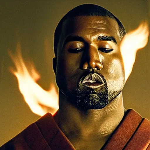 Prompt: cinematic film still of Kanye West starring as a Samurai holding fire, Japanese CGI, VFX, 2022, 40mm lens, shallow depth of field, film photography