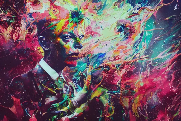 Image similar to a splattered action painting showing david bowie, ultradetailed, fine art painting, peter mohrbacher, moebius, david bowie, frottage, watercolor, acrylic, multilayered paint, spectacular splatter explosion, psychedelic art