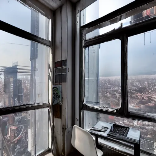 Image similar to dingy cyberpunk apartment interior, high above the city that is seen through the window