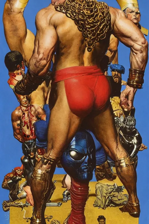 Image similar to upper body and head portrait of huge dorian yates as marvel character wearing pants and shirt and boots and gold jewellery round his neck by alex ross and lawrence alma tadema and zdzislaw beksinski and norman rockwell and jack kirby and tom lovell and greg staples