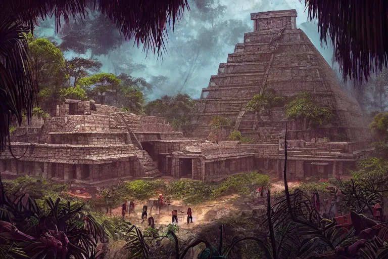 Image similar to Brutalist mayan temple in the jungle, beautiful dynamic lighting, cinematic, wide angle establishing shot, extremely high detail, photo realistic, cinematic lighting, post processed, concept art, artstation, matte painting, style by eddie mendoza, raphael lacoste, alex ross