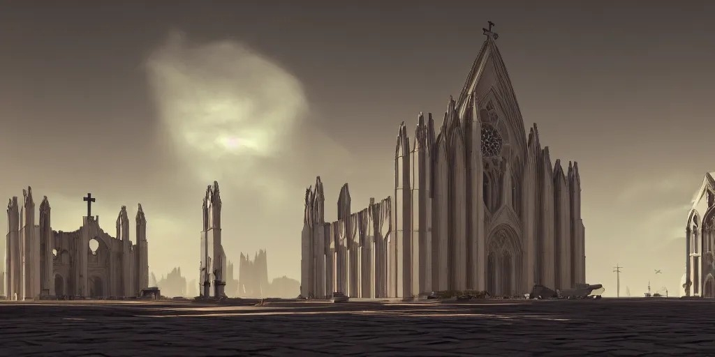 Image similar to roman cathedral with a monolithic cross in the middle, by tim blandin and arthur haas and bruce pennington and john schoenherr, big windows architecture by zaha hadid, octane render, warm colour scheme, white, cinematic, scenery, cgsociety, modernism, futuristic, trending on artstation, sci - fi, high detail, high quality, close up angle