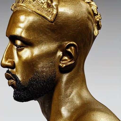 Prompt: side portrait of kanye west in the form of a greek sculpture in marble, with a gold crown, baroque elements in the background, museum. photorealistic. ultra detailed. flash. intricate artwork by miguel angel. octane render. cinematic. 4 k. bokeh.