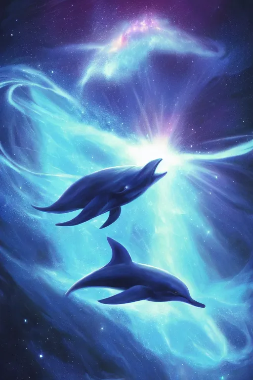 Image similar to Ethereal blue fire dolphin flying through a nebula, Sirius star system, star dust, cosmic, magical, shiny, glow,cosmos, galaxies, stars, outer space, stunning, by andreas rocha and john howe, and Martin Johnson Heade, featured on artstation, featured on behance, golden ratio, ultrawide angle, hyper detailed, photorealistic, epic composition, wide angle, f32, well composed, UE5, 8k