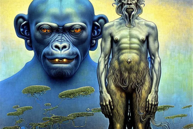 Image similar to realistic extremely detailed portrait painting of a wise ape, futuristic sci-fi landscape with a statue on background by Jean Delville, Amano, Yves Tanguy, Alphonse Mucha, Ernst Haeckel, Edward Robert Hughes, Roger Dean, rich moody colours, silver hair and beard, blue eyes