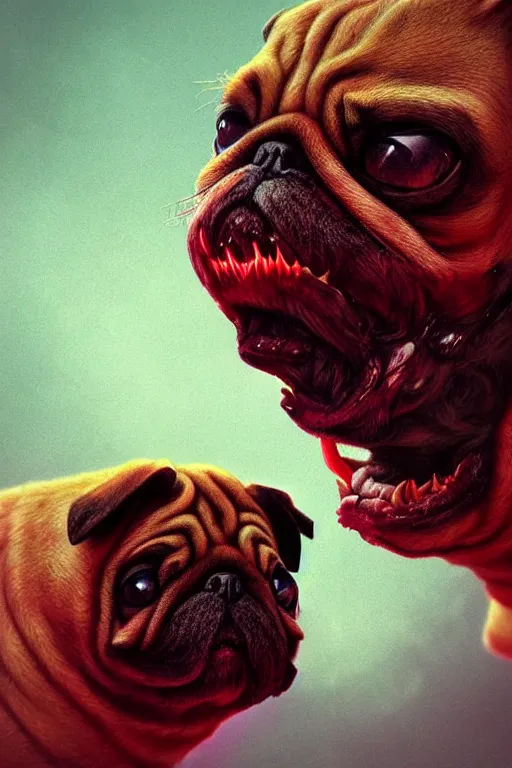 Prompt: demon pug eating flesh. art by mike winkelmann, sticker, illustration, highly detailed, artstation