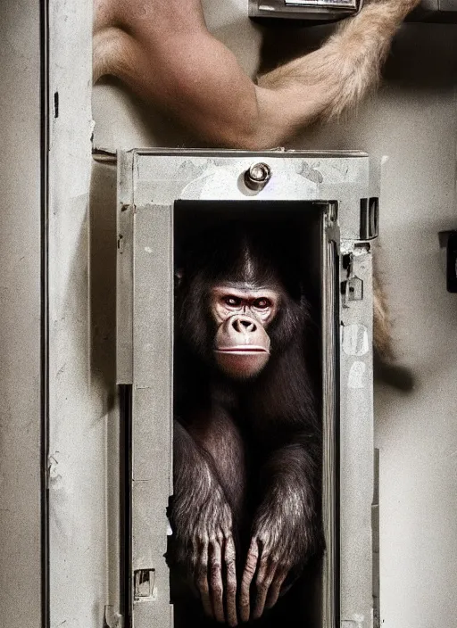 Image similar to uncanny hybrid human - ape, half human half ape inside fuse box in post communist apartment building