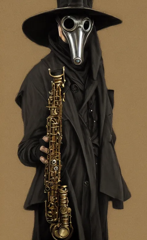 Prompt: portrait of man in black trench coat, holding an alto saxophone and wearing steam punk plague doctor mask and a black top hat, highly detailed, artstation, concept art, by krenz cushart and donato giancola and william adolph bouguereau and alphonse mucha,