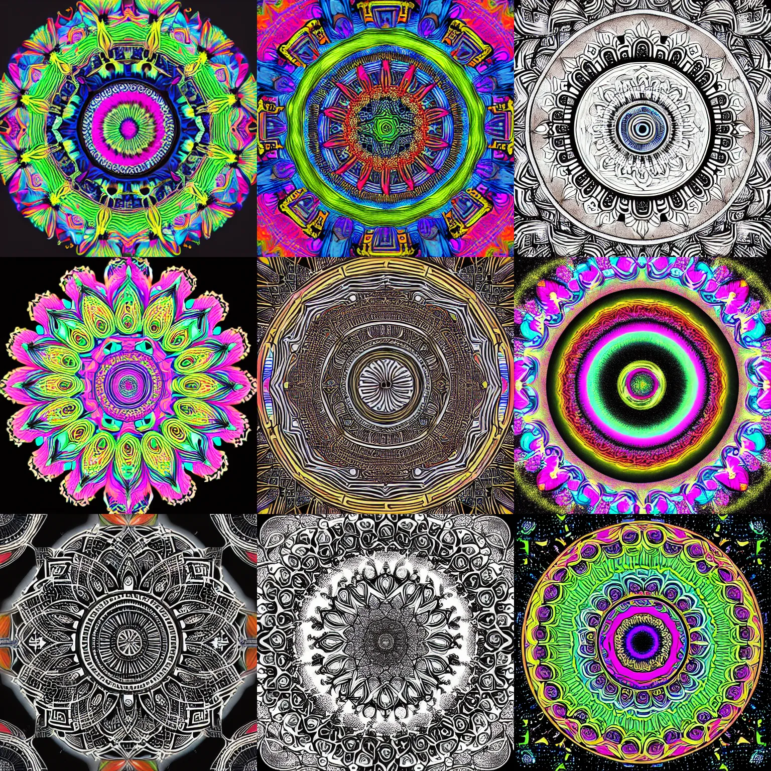 Prompt: soft pastel colorful circular ornament on a black background, a detailed drawing by wolfgang zelmer, shutterstock contest winner, psychedelic art, psychedelic, fractalism, intricate patterns