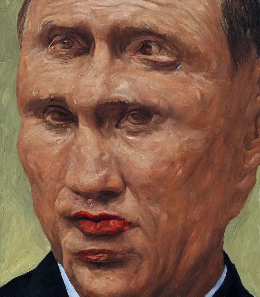 Image similar to closeup shot of putin in the style of lucian freud self portrait. oil painting, thick brush strokes.