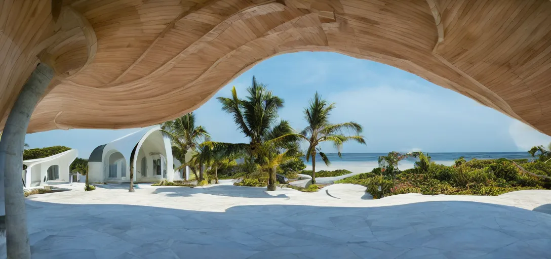 Prompt: curved roof planes lift and descend creating shade and architectural expression, highly detailed, beach house, marble, vivid color, high resolution photography, mist