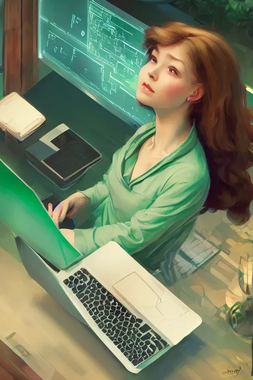 Prompt: a cute girl coding frantically on her laptop, she wears a green shirt, she is very excited and hypnotized, cinematic and dramatic, 8 k, crisp lines, sharp edges, vibrant colors by artgerm, cushart krenz, greg rutkowski, mucha and norman rockwell