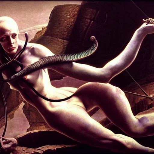 Image similar to still frame from Prometheus movie, Slaanesh succubus godess editorial by wayne barlowe by caravaggio by giger by malczewski