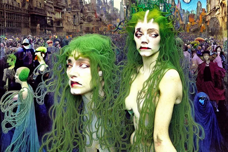 Image similar to realistic extremely detailed portrait painting of a dressed ghost girl with green hair in a crowded sci-fi city street, very detailed crowd by Jean Delville, Amano, Yves Tanguy, Alphonse Mucha, Ernst Haeckel, Edward Robert Hughes, Roger Dean, rich moody colours, blue eyes