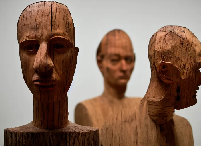 Image similar to realistic photo portrait of the a sculpture of a group portrait of heads made of wood, poorly designed in style of arte povera, fluxus, dadaism, joseph beuys, ugly made, low quality standing in the wooden polished and fancy expensive wooden museum interior room 1 9 9 0, life magazine reportage photo