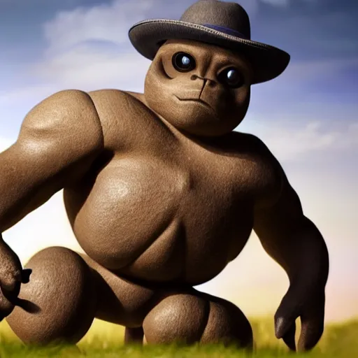 Image similar to a stunning photograph of a geodude wearing a fedora, 8 k hd nature photograph y, incredibly detailed, geodude pokemon with a rock head and eyes and two arms, real life anime