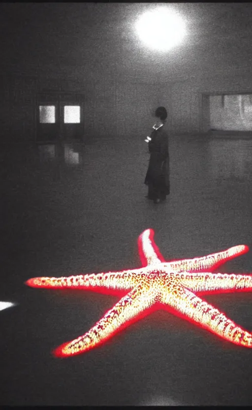 Image similar to light coming out of one starfish - like kaiju anthropomorphic monster, korean film noir by kim jong - il, korean traditional palace, pyongyang city, 1 9 6 0 s, red color bleed, 4 k, video compression, video glitch, monochrome, akira kurosawa, mamoru oshii, wes anderson, stanley kubrick