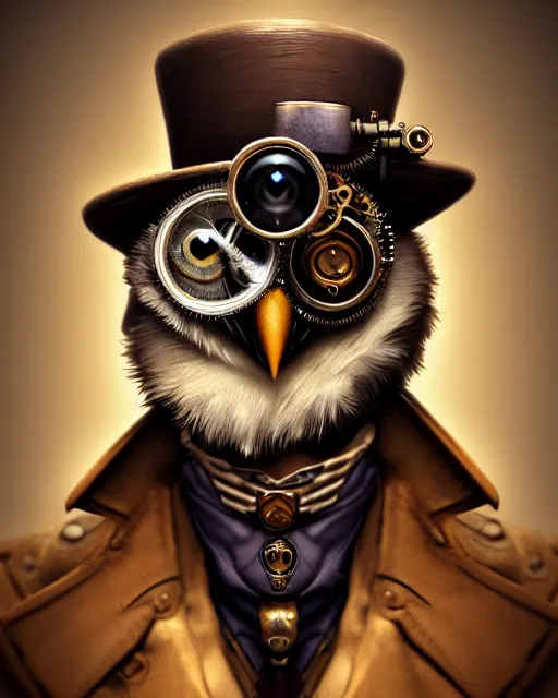 Image similar to steampunk male owl portrait, handsome, steampunk hat, detective coat, steampunk monocle, hyper realistic 3 d render by ilya kuvshinov, peter mohrbacher, greg rutkowski, ryohei hase, dramatic lighting, intricate, highly detailed, sharp focus, luminous, unreal engine, blender, deviant art, masterpiece, ray tracing