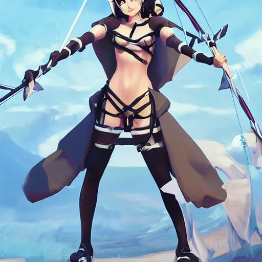 Image similar to an anime woman in an outfit made of water is doing a trick with bow and arrow, concept art by senior character artist, polycount contest winner, process art, concept art, 2d game art, artstation hd