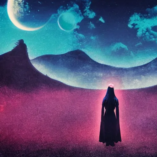 Image similar to A sad spiritual witch standing on a deserted planet looking at camera, distant background, red lighting, ominous, moonlight, bokeh, detailed face synthwave, psychedelic, glitch, acrylic, flooko, detailed,