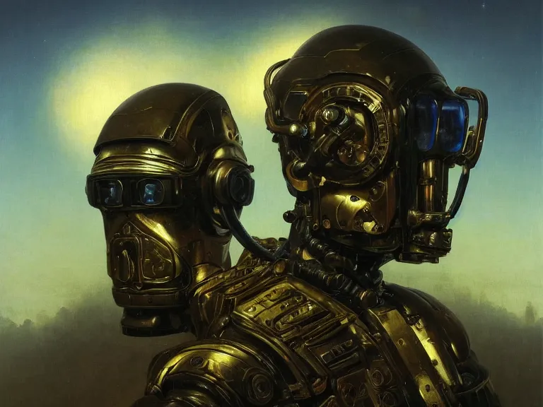 Prompt: a detailed profile oil painting of a humanoid soldier with reflective visor, flight suit, portrait symmetrical and science fiction dieselpunk theme with aurora lighting by beksinski carl spitzweg and tuomas korpi. baroque elements, full-length view. baroque element. intricate artwork by caravaggio. Trending on artstation. 8k