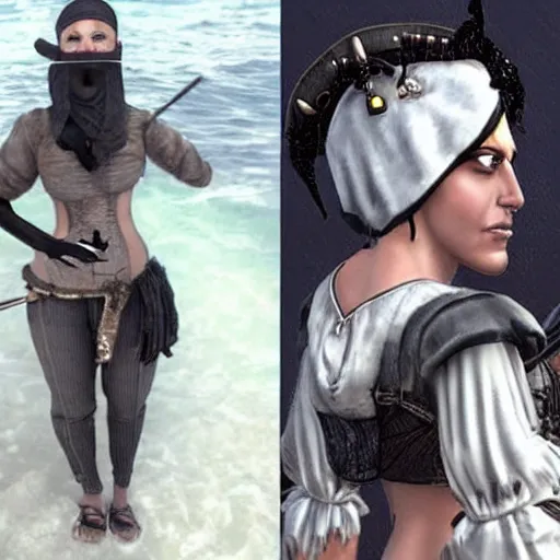 Image similar to a pirate, her skin is grey like a shark's skin