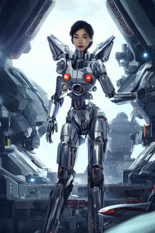 Prompt: a young attractive Asian woman in the pilot's seat of a massive sci-fi mecha, dramatic pose, outer space seen behind, LEDs, highly detailed, photorealistic, volumetric lighting, digital art, octane render, in the style of Artgerm and Tom Bagshaw