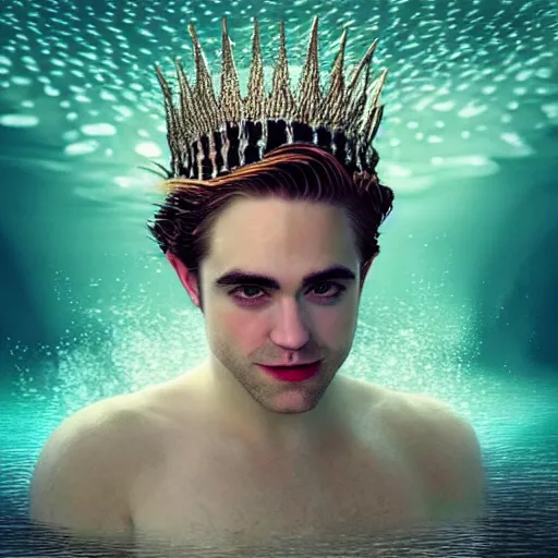 Prompt: “ robert pattison portrait, fantasy, mermaid, hyperrealistic, highly detailed, cinematic lighting, pearls, glowing hair, shells, gills, crown, water, highlights, starfish, jewelry, realistic, digital art, pastel, magic, fiction, ocean, game, king, colorful hair, sparkly eyes, fish, romantic, god, waves, bubbles ”