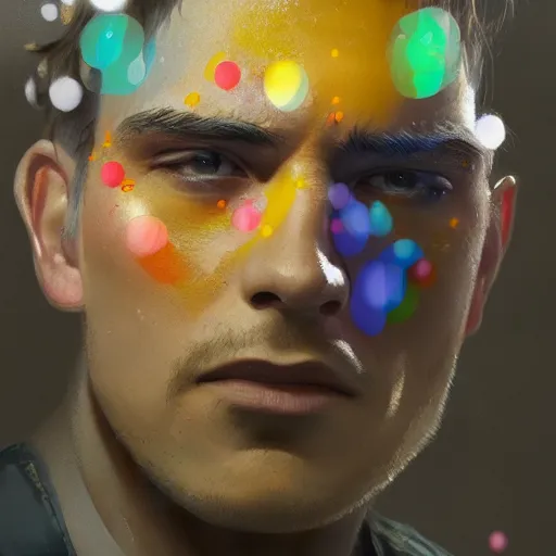Prompt: A portrait of a man made of multicolored bubbles, 4k, trending on Artstation, award-winning, art by Greg Rutkowski, by Studio Ghibli