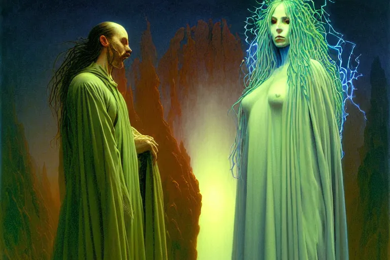 Prompt: the female arcanist and the male artificer by zacharias aagaard and albert bierstadt and gerald brom and zdzisław beksinski and james gilleard and wayne barlowe and jean delville, beautiful, flowing magical robe, highly detailed, hyperrealistic, intricate, energy, electricity, blue flame, low light, green crystal, high contrast, submission