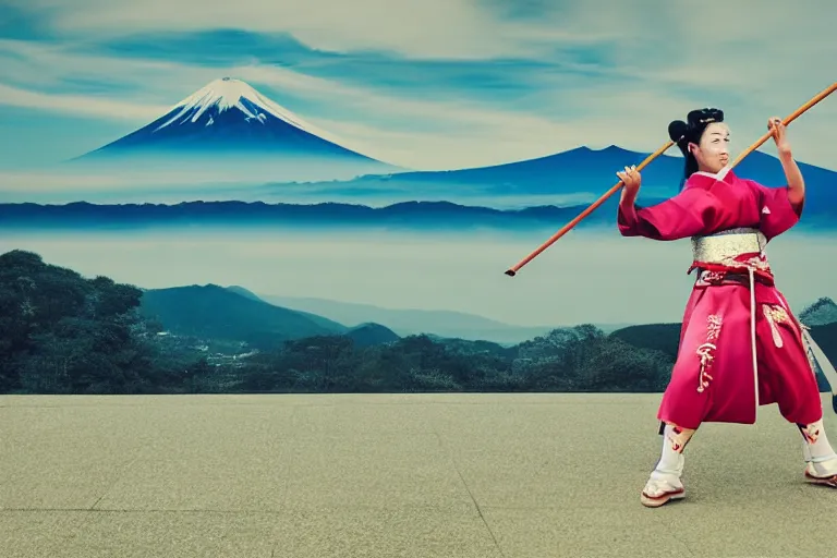 Image similar to beautiful photo of a geisha samurai warrior, mt fuji in the background, mid action swing, shining silver katana sword, award winning photo, muted pastels, action photography, 1 / 1 2 5 shutter speed, dramatic lighting