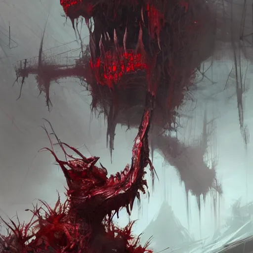 Image similar to concept art by greg rutkowski, hideous and vicious monsters made of reddish ooze, roaming the colony, looking rabid, in a claustrophobic, futuristic and brutalist environment, frightening and creepy atmosphere, scifi, highly detailed portrait, digital painting, artstation, concept art, smooth, sharp foccus ilustration, artstation hq