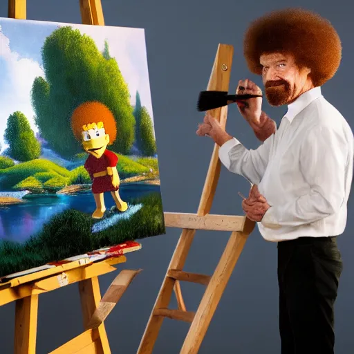 Image similar to a closeup photorealistic photograph of bob ross working on a canvas painting of bart simpson. film still. brightly lit scene. mountains and trees. this 4 k hd image is trending on artstation, featured on behance, well - rendered, extra crisp, features intricate detail, epic composition and the style of unreal engine.