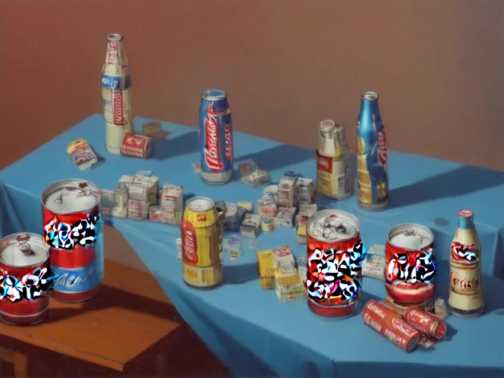 Prompt: a contemporary still life painting of modern consumerism by simon stalenhag and thomas kinkade, oil on canvas, a table covered with blue cloth, coca - cola can, marlboro red pack, a vase of flowers, tea light candles, trending on artstation