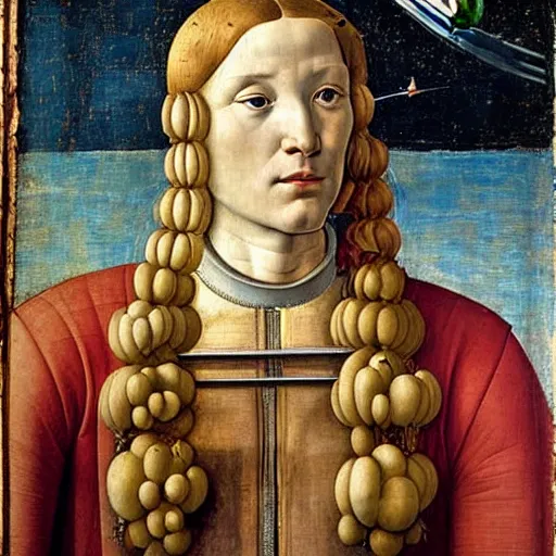 Image similar to beautiful renaissance painting portrait of an astronaut floating in space by sandro botticelli, jan van eyck, tiziano vecelli, piero della francesca