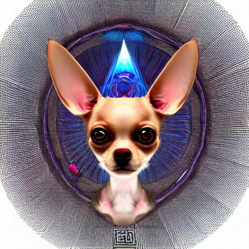 Image similar to a chihuahua with a third eye living in an extradimensional reality, in the style of wlop and alex grey, illustration, epic, fantasy, hyper detailed, smooth, unreal engine, sharp focus, ray tracing, physically based rendering