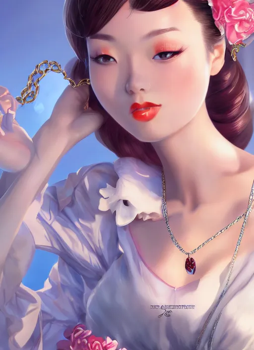 Image similar to a pin up and beautiful fashion dreamlke japan girl with lv jewelry, character art, art by artgerm, wlop, loish, hyperdetailed, 8 k realistic, symmetrical, global illumination, radiant light, frostbite 3 engine, cryengine, dof, trending on artstation, digital art, chanel, dior, detailed background