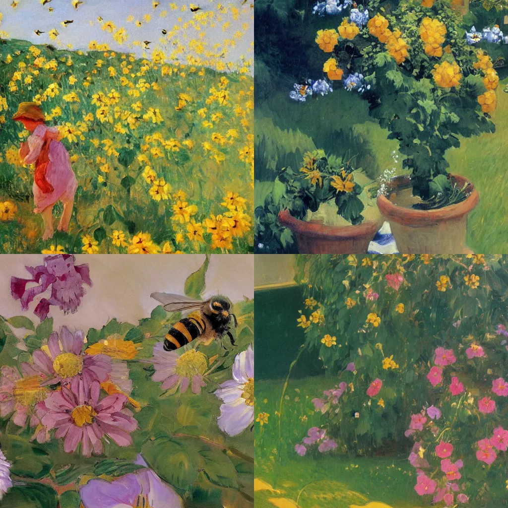 Prompt: painting of I miss the bees, I miss the honey I miss them humming by the flowered vine, in style of joaquin sorolla