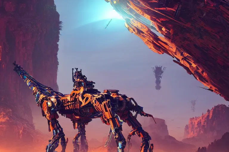 Image similar to tallneck machine mecanical creature robot of horizon forbidden west horizon zero dawn radiating a glowing aura global illumination ray tracing hdr fanart arstation by ian pesty and alena aenami artworks in 4 k