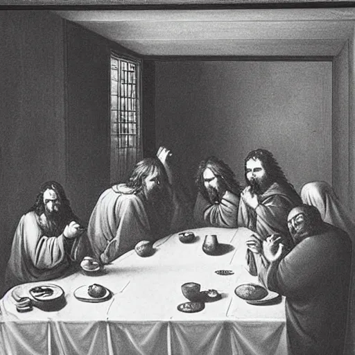 Image similar to “the last supper, but it’s in the backrooms with backroom monsters”