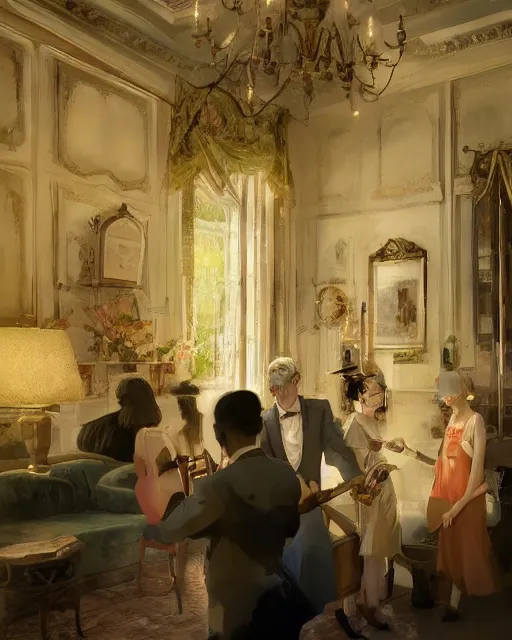 Image similar to craig mullins and ghibli digital painting of a 1 9 2 0 s grand party in a beautiful mansion, many partygoers, unreal engine, hyper realism, realistic shading, cinematic composition, realistic render, octane render, detailed textures, photorealistic, ultrawide shot, 3 5 mm film