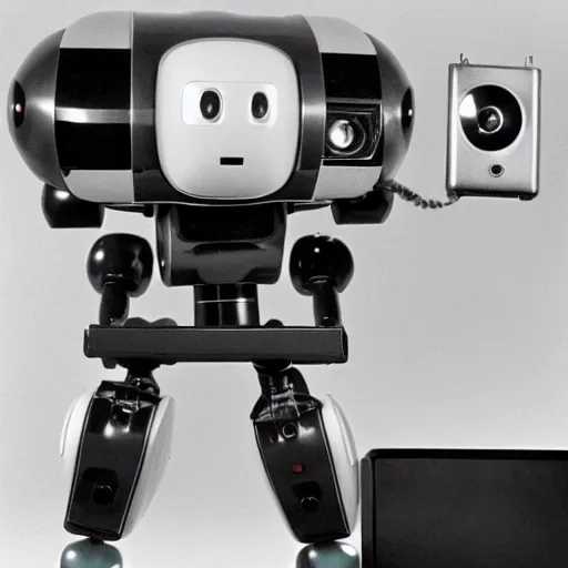 Prompt: personal robot product photo, 1 9 8 0 s, with wheels, arm, camera, buttons by ibm, apple, mac, heathkit hero, r. o. b., omnibot, ilm, atari