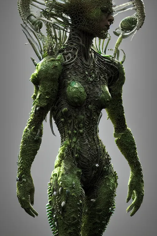 Image similar to skin concept costume, in full growth, biopunk, plant predator, predator, trypophobia, plants and worms, many details, crystals, guyver style, 3 d, cinematic, hyper realism, high detail, octane render, art by hans giger