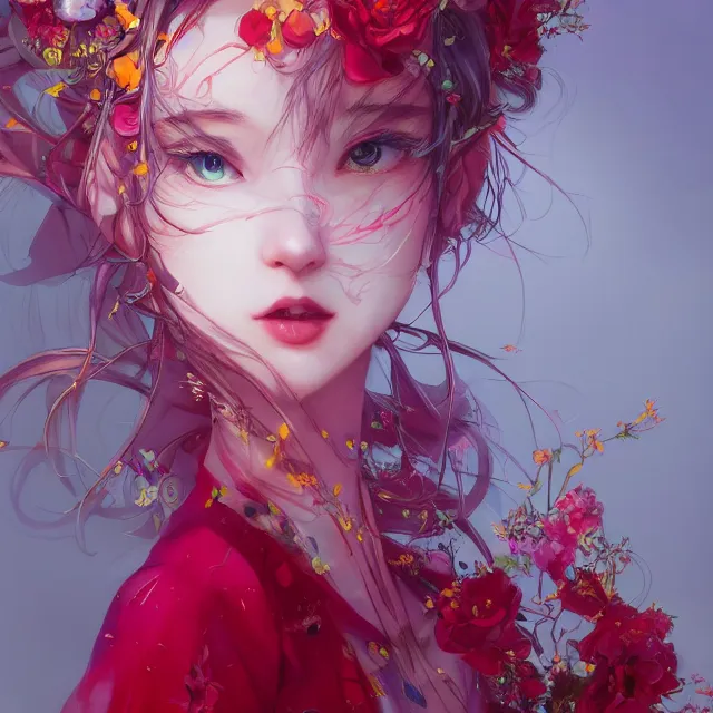 Image similar to studio portrait absurdly beautiful, elegant, graceful, young hypercolorful sensual anime girl rubies and red petals, ultrafine hyperrealistic detailed face illustration by kim jung gi, irakli nadar, intricate linework, sharp focus, bright colors, matte, octopath traveler, final fantasy, unreal engine highly rendered, global illumination, radiant light, intricate environment