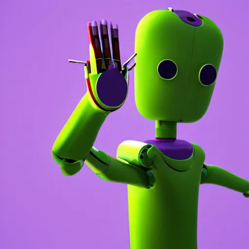 Image similar to a photorealistic 3 d render made in blender of a colourful friendly robot being poked in the eye by a man with a stick. background is a purple gradient