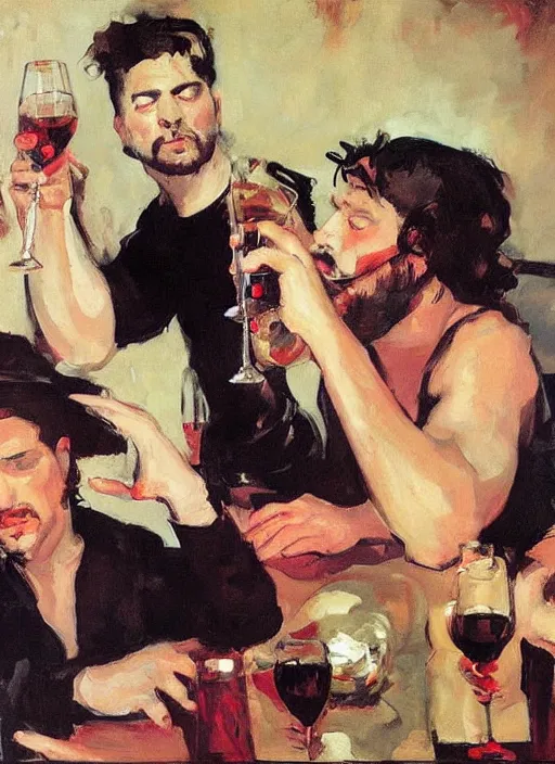 Image similar to glam rocker drinking brutal and raw wine with his friends by joaquin sorolla, phil hale, greek style, ultra detailed