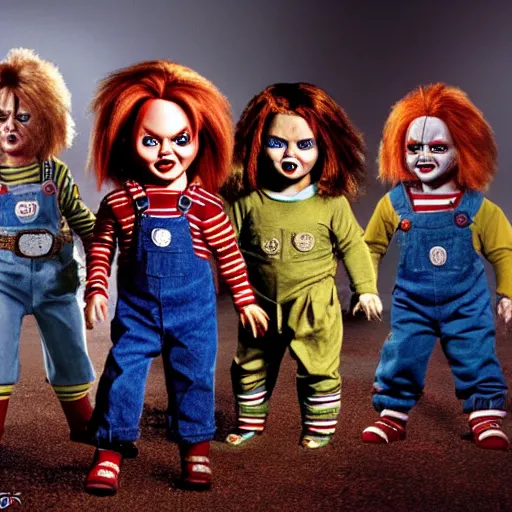 Image similar to Chucky the killer doll from the movie Child's Play surrounded by an army of evil dolls, movie still 8k hdr